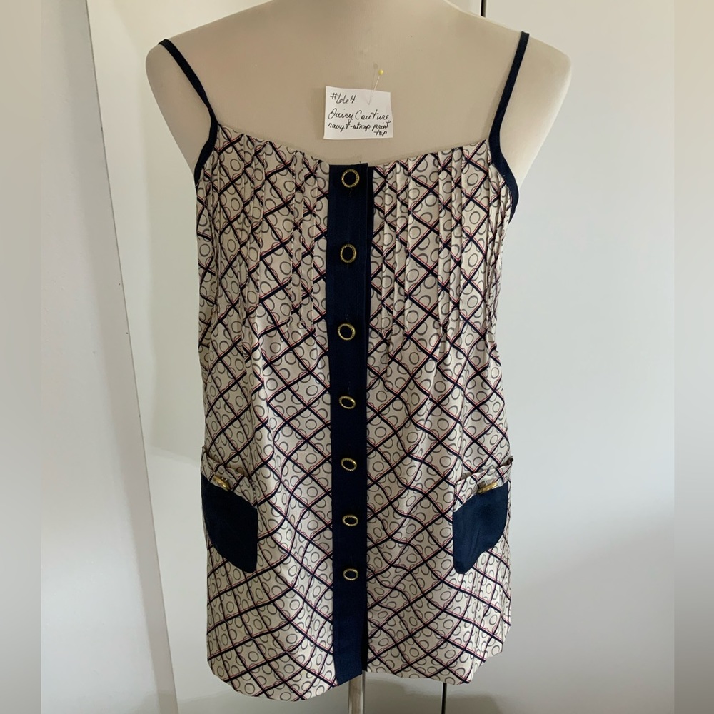 Juicy Couture - T-strap silk top with gold buttons down front.  Navy, red, cream
